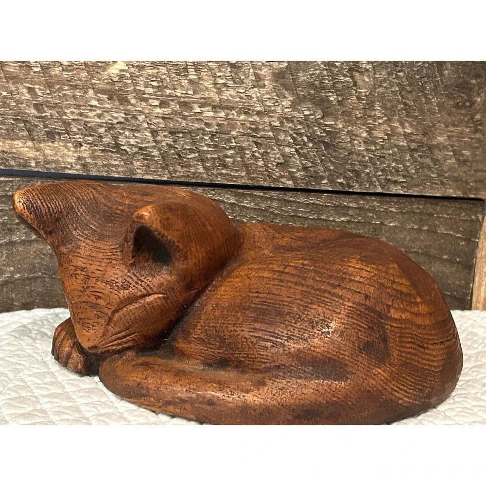 Vintage Midcentury Modern‎ Sleeping Cat Wooden Figurine Sculpture